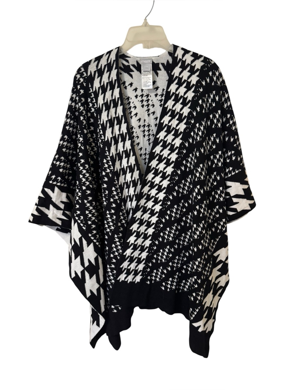 Chico's Black & White Mixed Houndstooth Open Front Kimono Poncho Cardigan L/XL